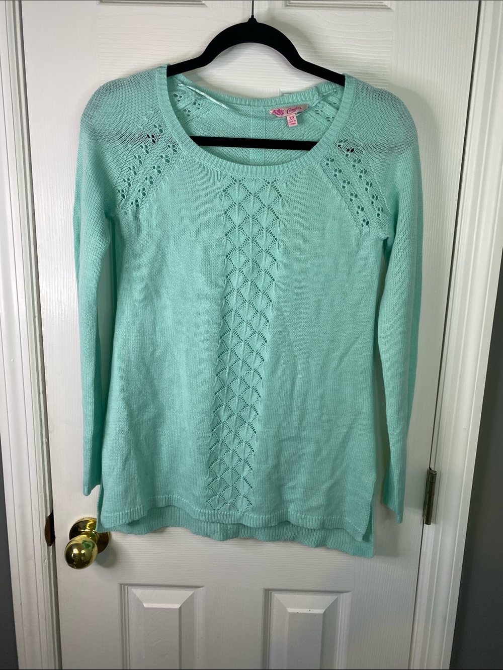 Candie's Mint Green Openwork Knit Crewneck Sweater Size XSmall.